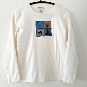 Talbots Halloween Patchwork Embroidered Long Sleeve White Shirt Size Small